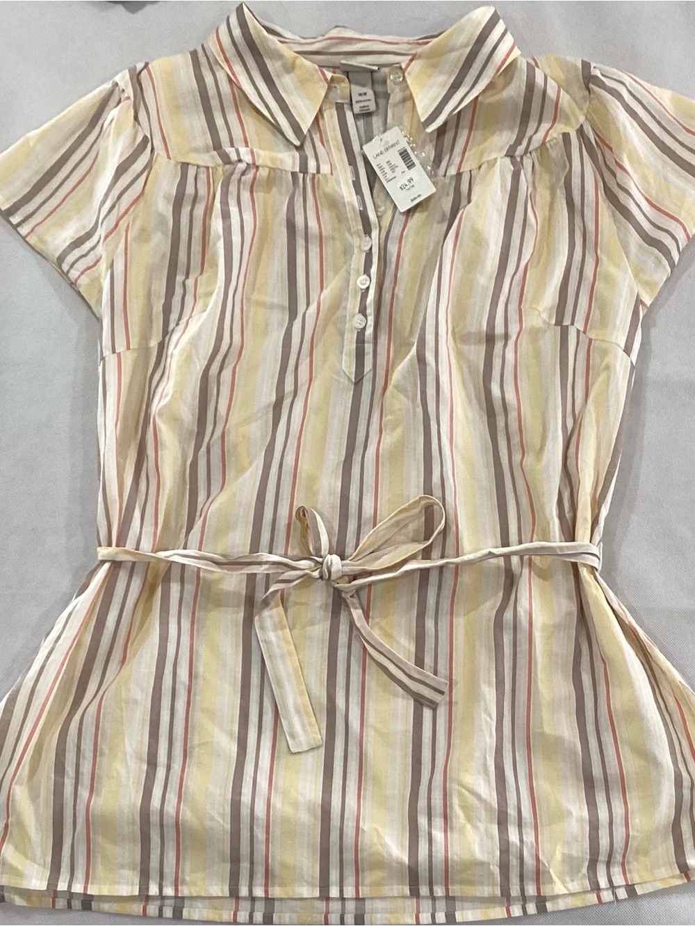 Lane Bryant Striped Short-Sleeve Tie-Waist Tunic in Yellow, Cream /Brown #f3